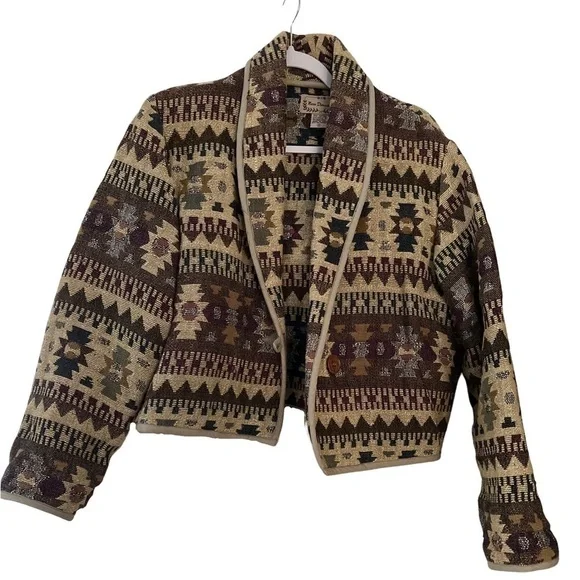 VINTAGE New Direction Cropped Jacket Cotton Aztec Print Small Southwest Boho - Picture 1 of 7
